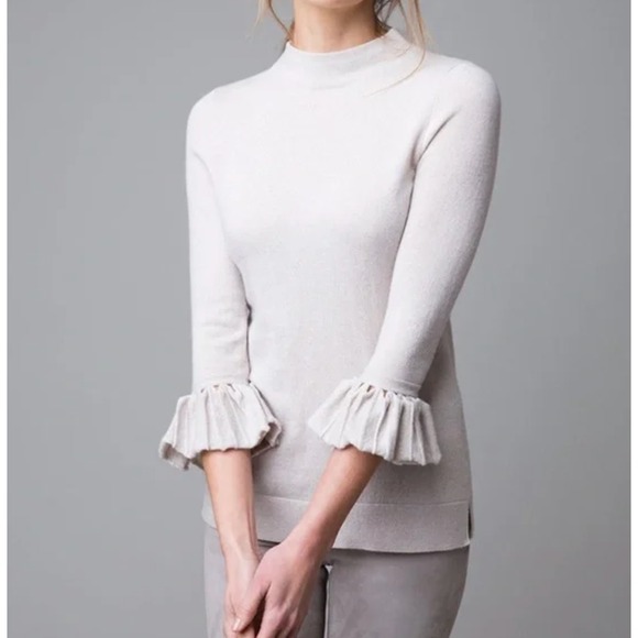 Kinross Cashmere Pleat 3/4 Sleeve Mock Funnel Neck Pull Over Sweater Size XS